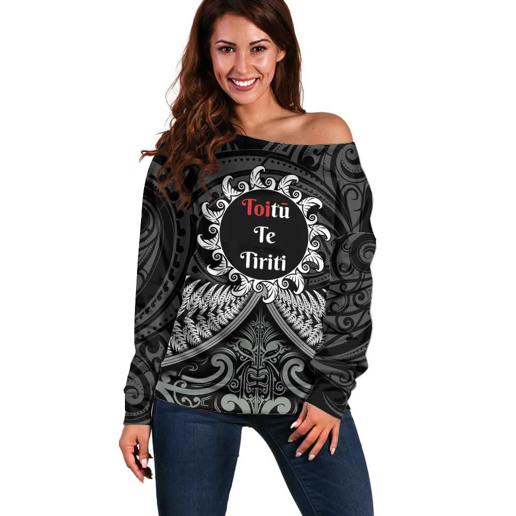 Personalised Toitu Te Tiriti Aotearoa Silver Fern Off Shoulder Sweater New Zealand Maori Pattern LT01 Women Black - Polynesian Pride