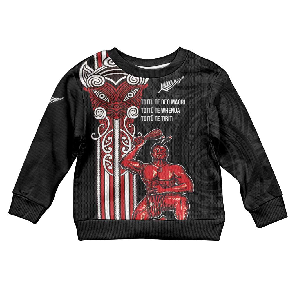 Toitu Te Reo Maori Toitu Te Whenua Toitu Te Tiriti Kid Ugly Christmas Sweater Maori Warrior LT01 Kid Black - Polynesian Pride