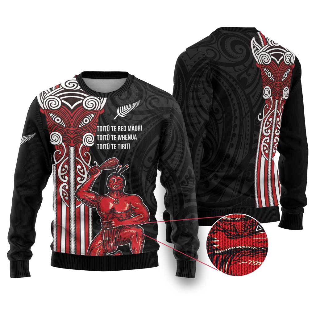 Toitu Te Reo Maori Toitu Te Whenua Toitu Te Tiriti Ugly Christmas Sweater Maori Warrior LT01 Black - Polynesian Pride