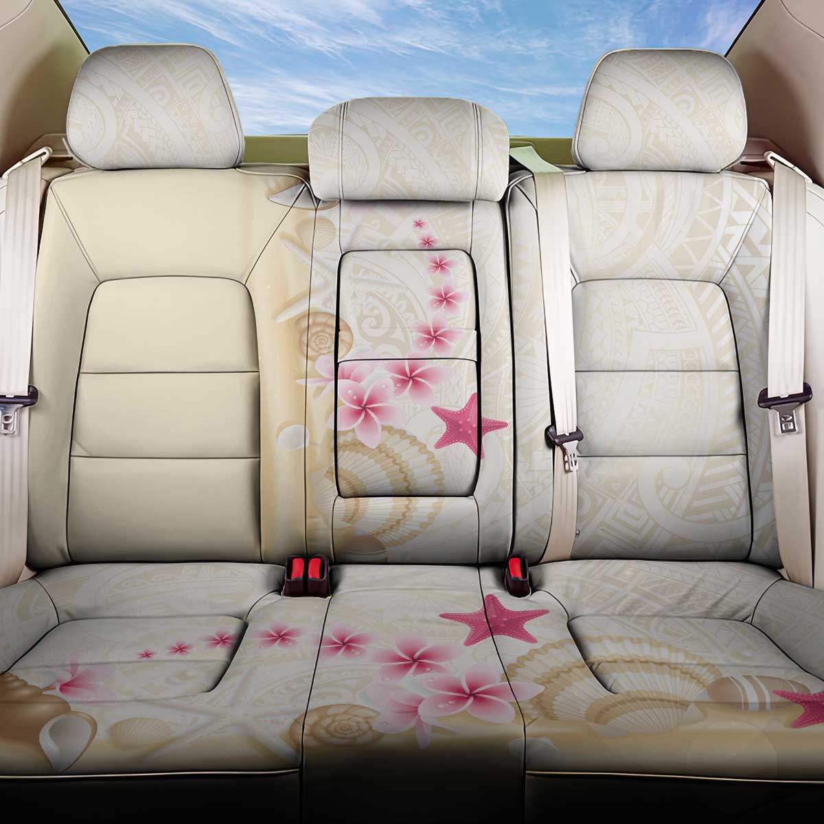 Beige Frangipani Sea Shell Back Car Seat Cover Starfish Polynesian Pattern LT01 One Size Beige - Polynesian Pride