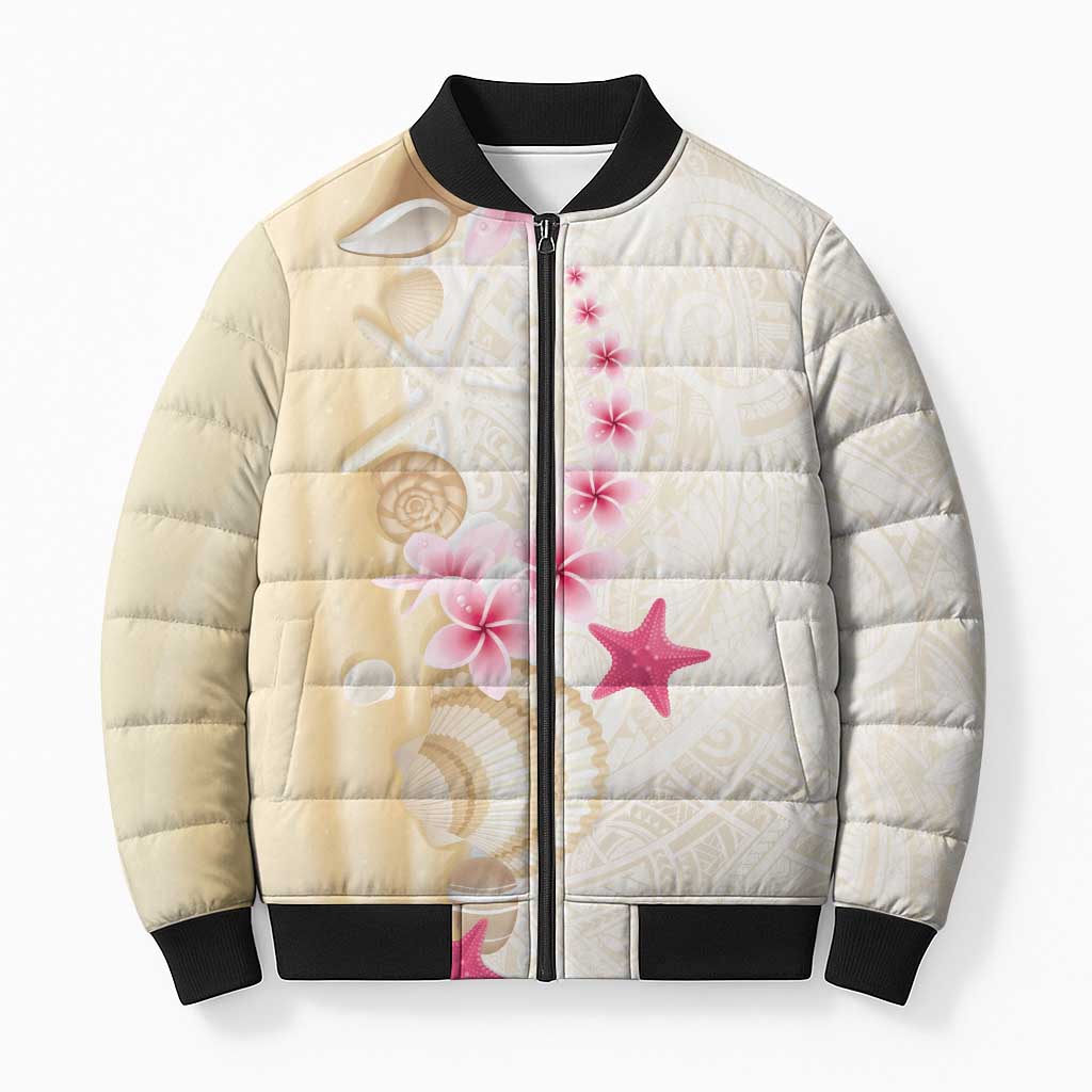 Beige Frangipani Sea Shell Bomber Puffer Jacket Starfish Polynesian Pattern LT01 Unisex Beige - Polynesian Pride