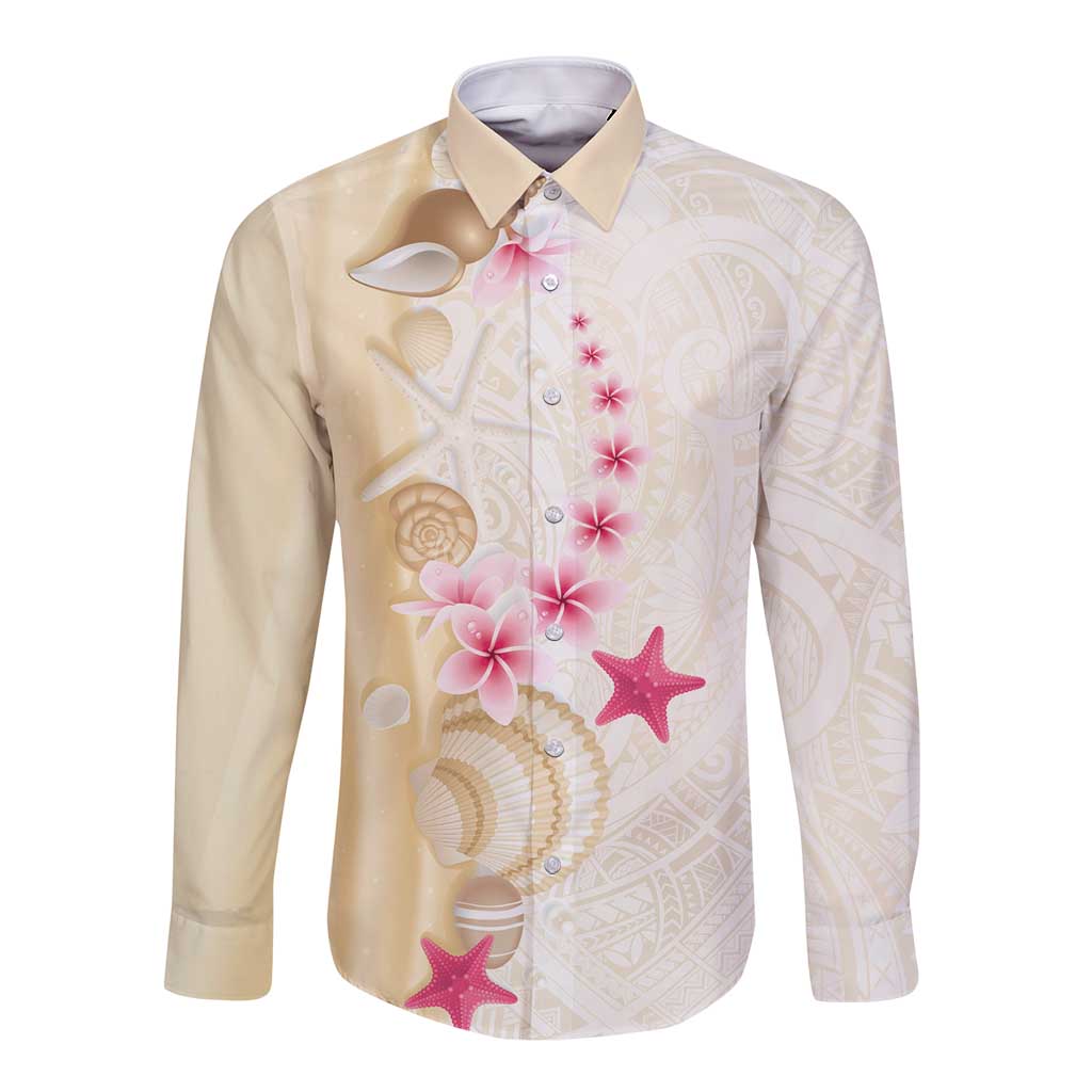 Beige Frangipani Sea Shell Long Sleeve Button Shirt Starfish Polynesian Pattern LT01 Unisex Beige - Polynesian Pride