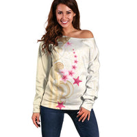 Beige Frangipani Sea Shell Off Shoulder Sweater Starfish Polynesian Pattern LT01 Women Beige - Polynesian Pride
