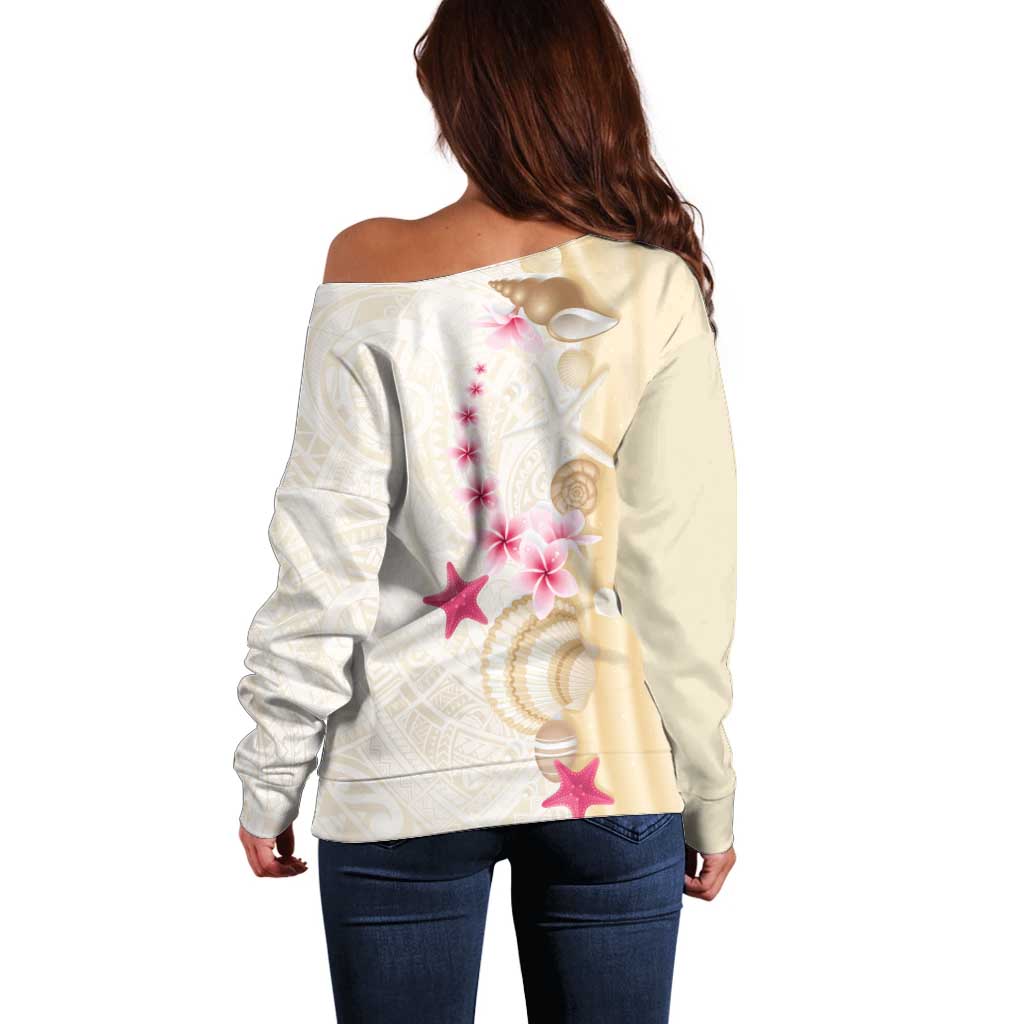 Beige Frangipani Sea Shell Off Shoulder Sweater Starfish Polynesian Pattern LT01 - Polynesian Pride