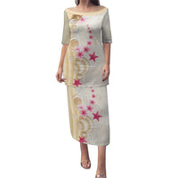 Beige Frangipani Sea Shell Puletasi Starfish Polynesian Pattern LT01 Long Dress Beige - Polynesian Pride