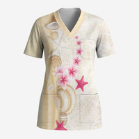 Beige Frangipani Sea Shell Scrub Top Starfish Polynesian Pattern LT01 Adult Beige - Polynesian Pride