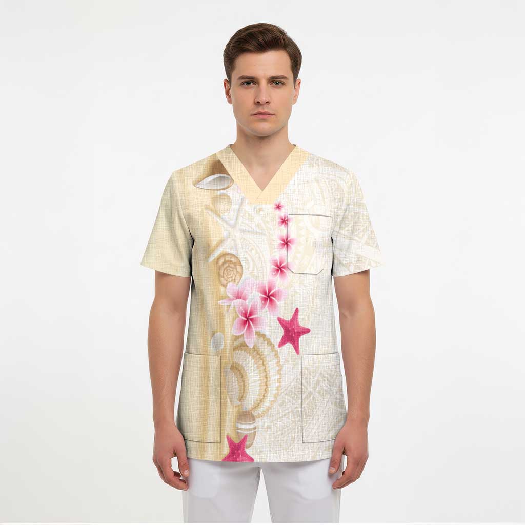 Beige Frangipani Sea Shell Scrub Top Starfish Polynesian Pattern LT01 - Polynesian Pride