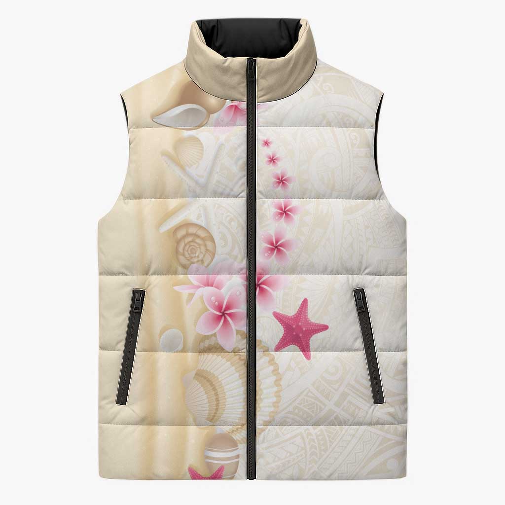 Beige Frangipani Sea Shell Sleeveless Puffer Jacket Starfish Polynesian Pattern LT01 Unisex Beige - Polynesian Pride