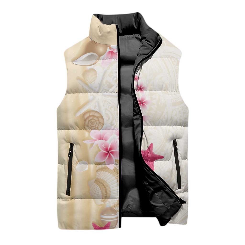 Beige Frangipani Sea Shell Sleeveless Puffer Jacket Starfish Polynesian Pattern LT01 - Polynesian Pride