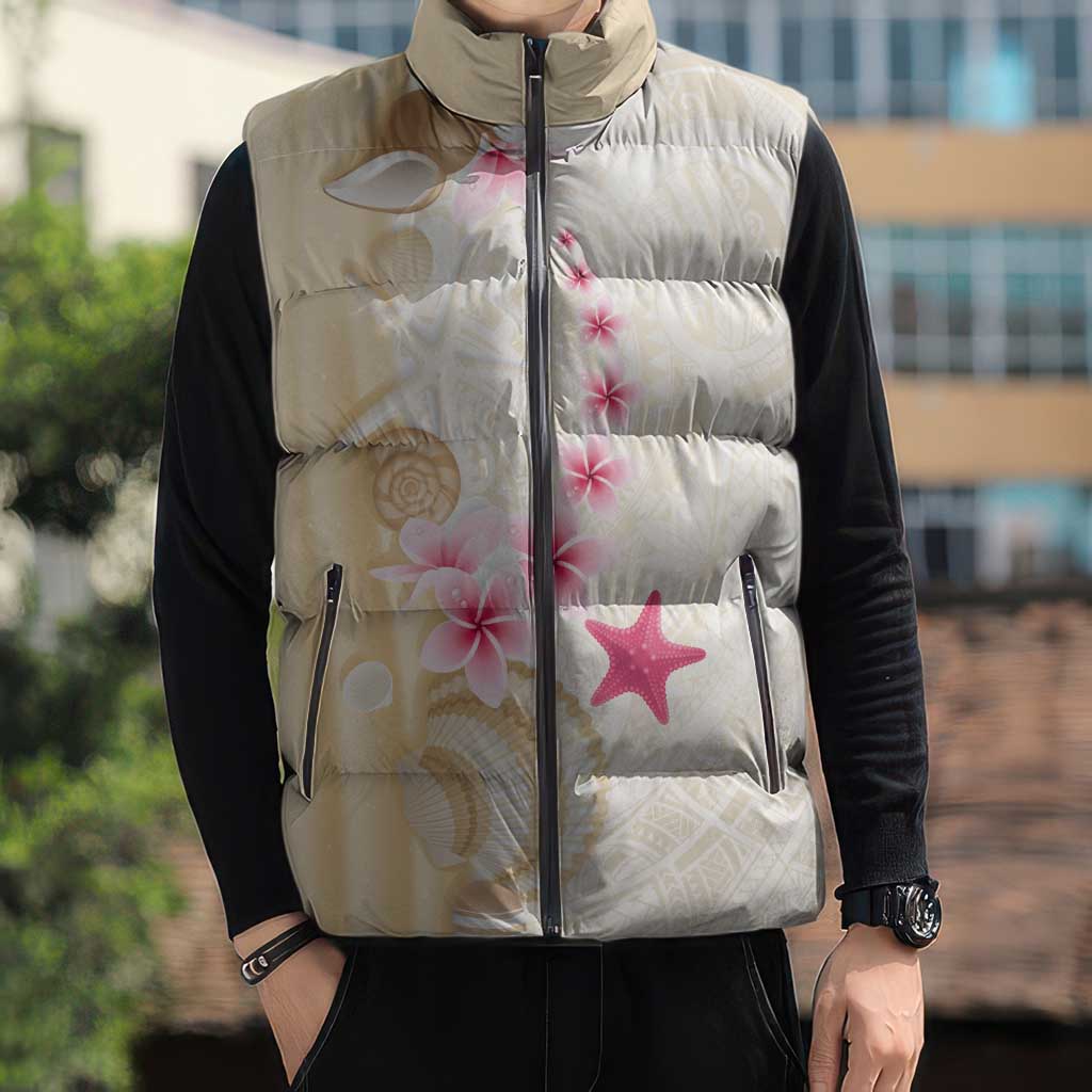 Beige Frangipani Sea Shell Sleeveless Puffer Jacket Starfish Polynesian Pattern LT01 - Polynesian Pride