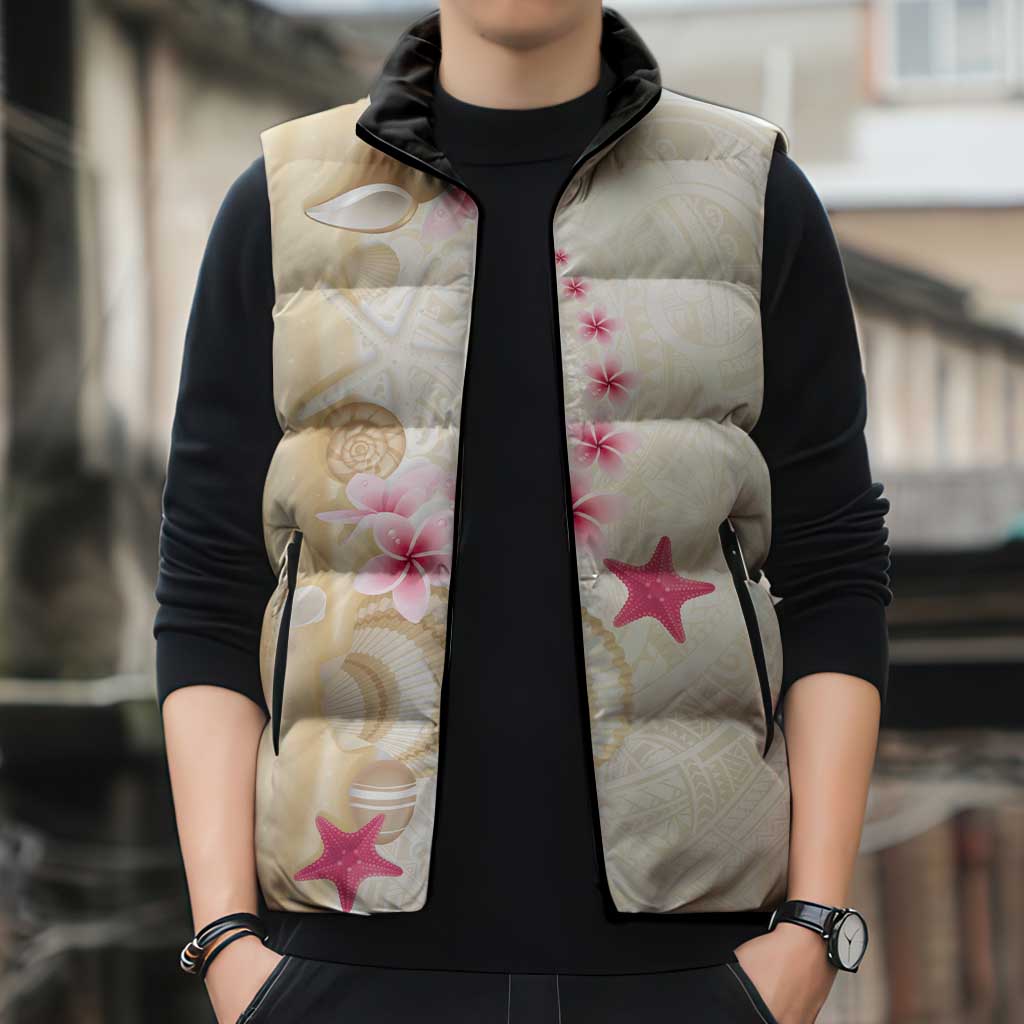 Beige Frangipani Sea Shell Sleeveless Puffer Jacket Starfish Polynesian Pattern LT01 - Polynesian Pride