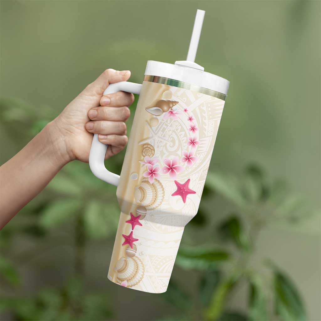Beige Frangipani Sea Shell Tumbler With Handle Starfish Polynesian Pattern LT01 - Polynesian Pride