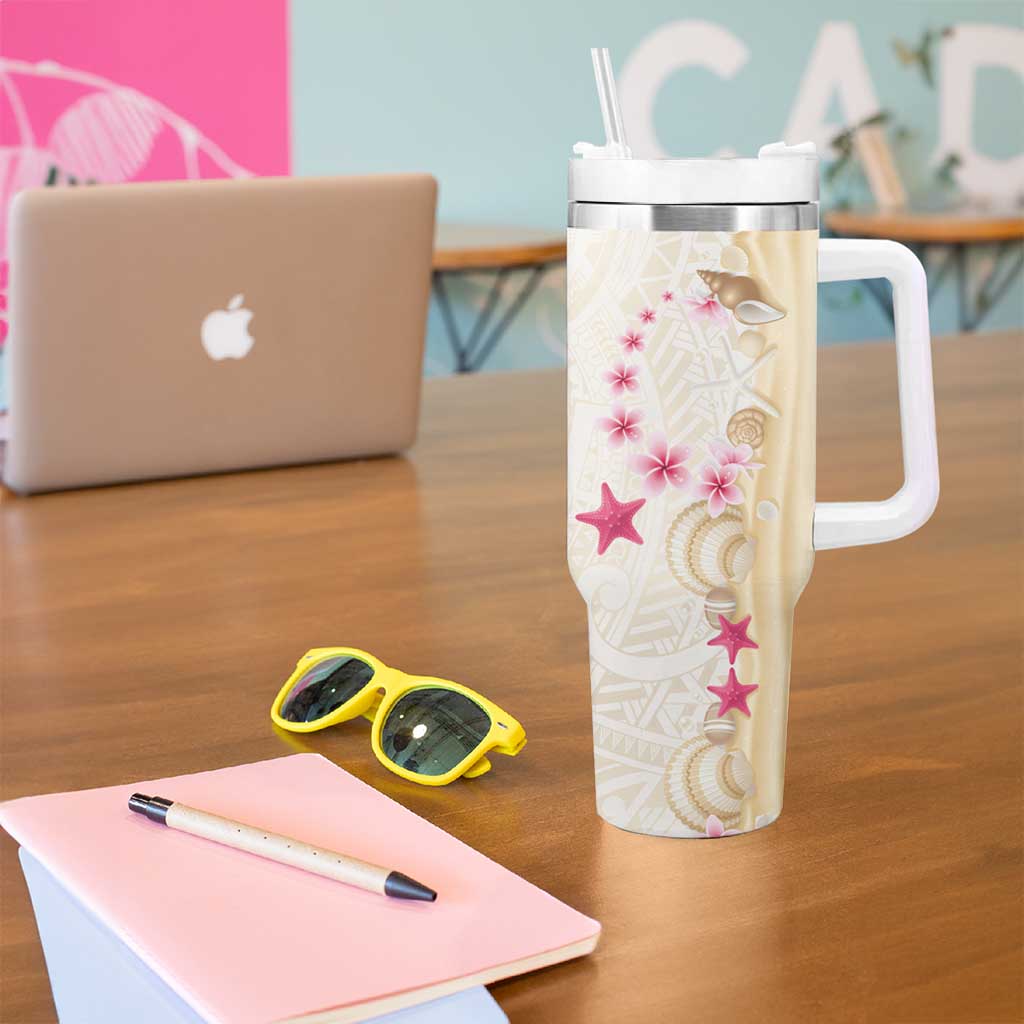 Beige Frangipani Sea Shell Tumbler With Handle Starfish Polynesian Pattern LT01 - Polynesian Pride