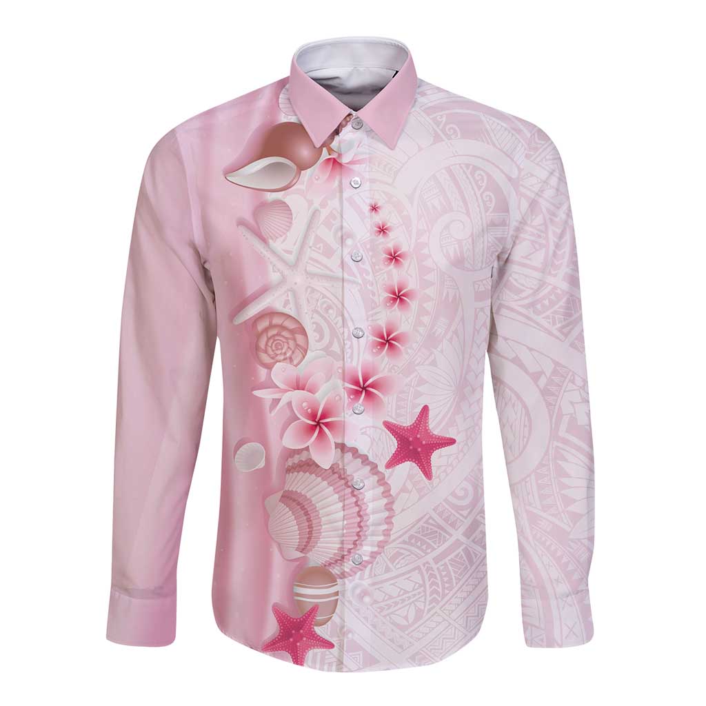 Pink Plumeria Sea Shell Long Sleeve Button Shirt Starfish Polynesian Pattern LT01 Unisex Pink - Polynesian Pride