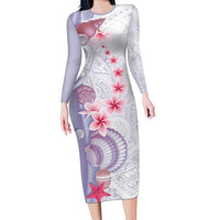 Purple Plumeria Sea Shell Long Sleeve Bodycon Dress Starfish Polynesian Pattern LT01 Long Dress Purple - Polynesian Pride