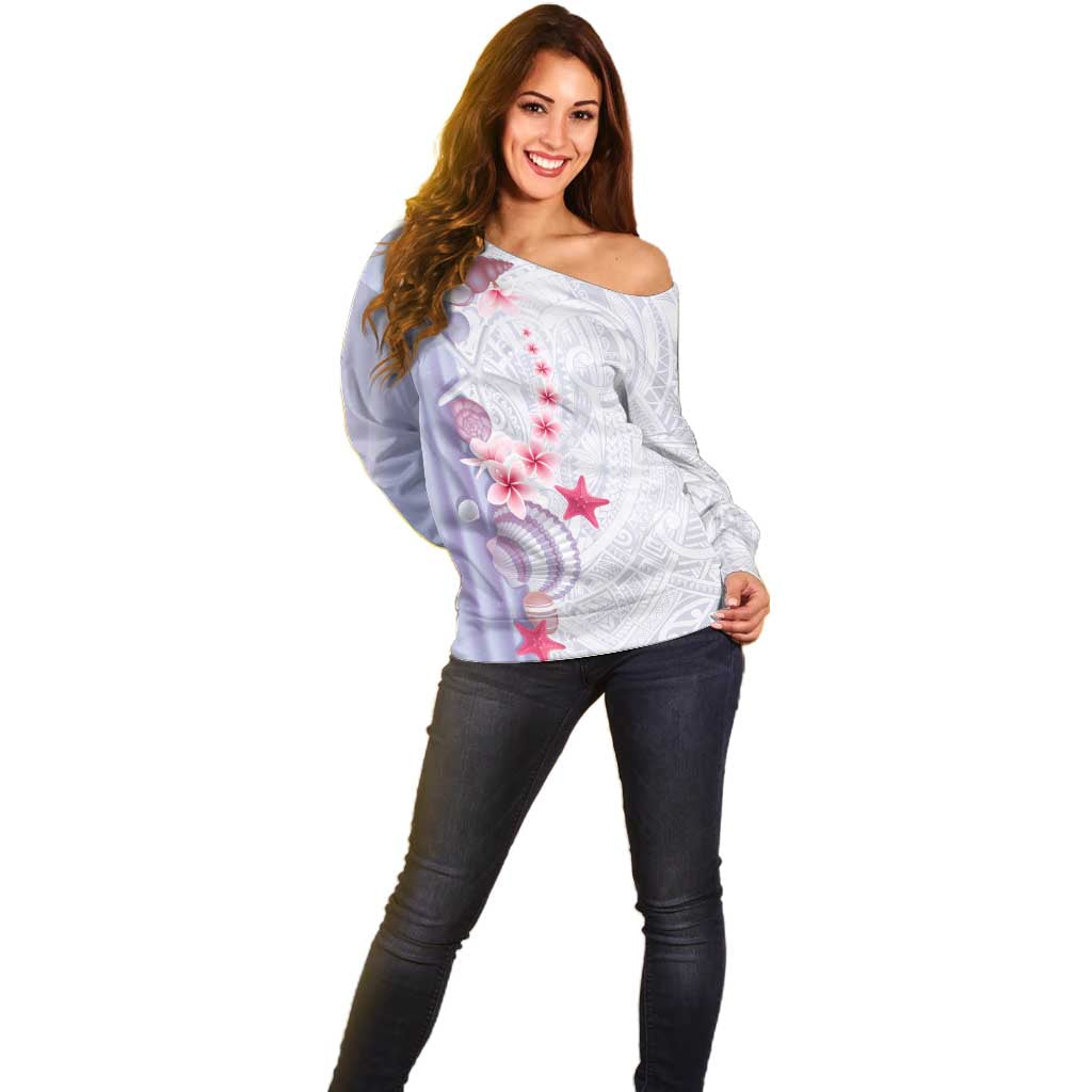 Purple Plumeria Sea Shell Off Shoulder Sweater Starfish Polynesian Pattern LT01 - Polynesian Pride