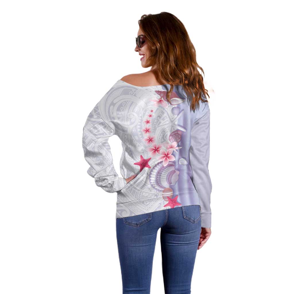 Purple Plumeria Sea Shell Off Shoulder Sweater Starfish Polynesian Pattern LT01 - Polynesian Pride