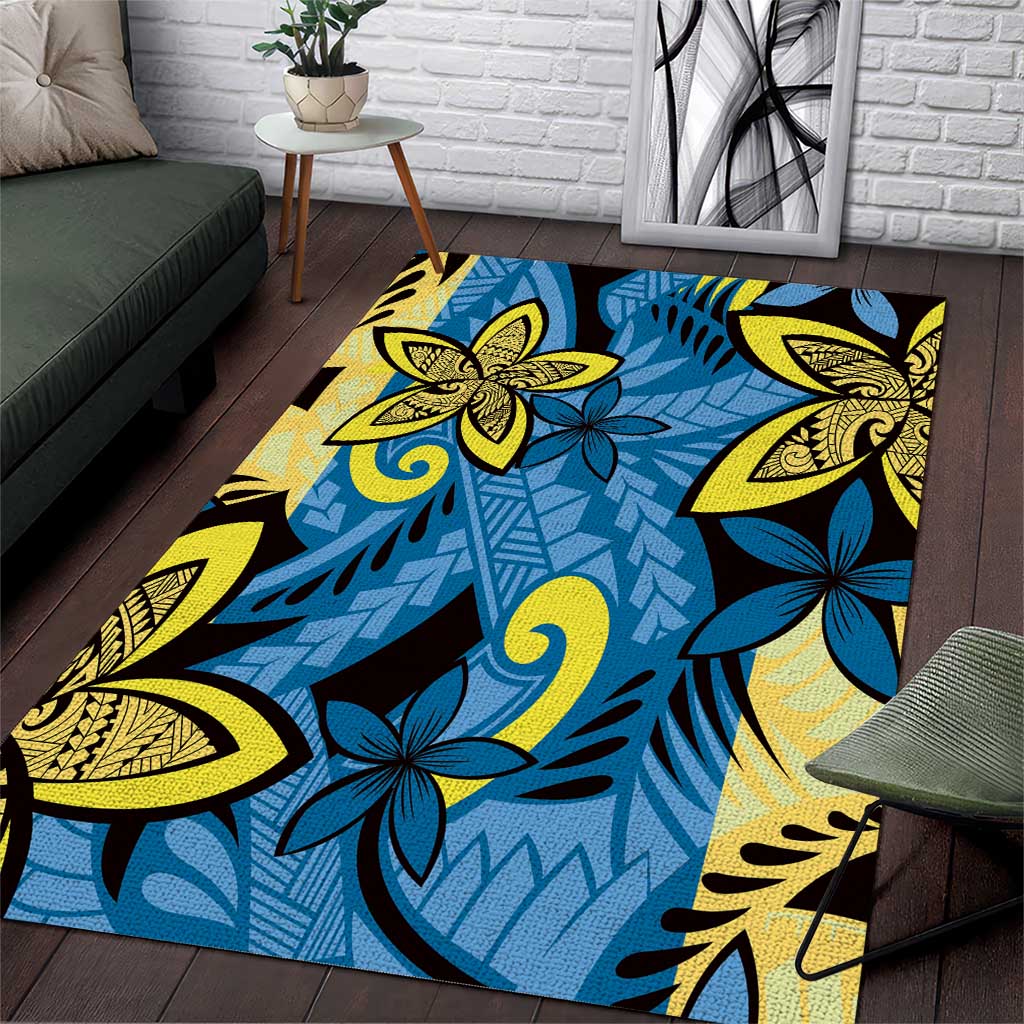Plumeria Polynesian Pattern Area Rug Unique Fantasy Blue Yellow LT01 Blue - Polynesian Pride