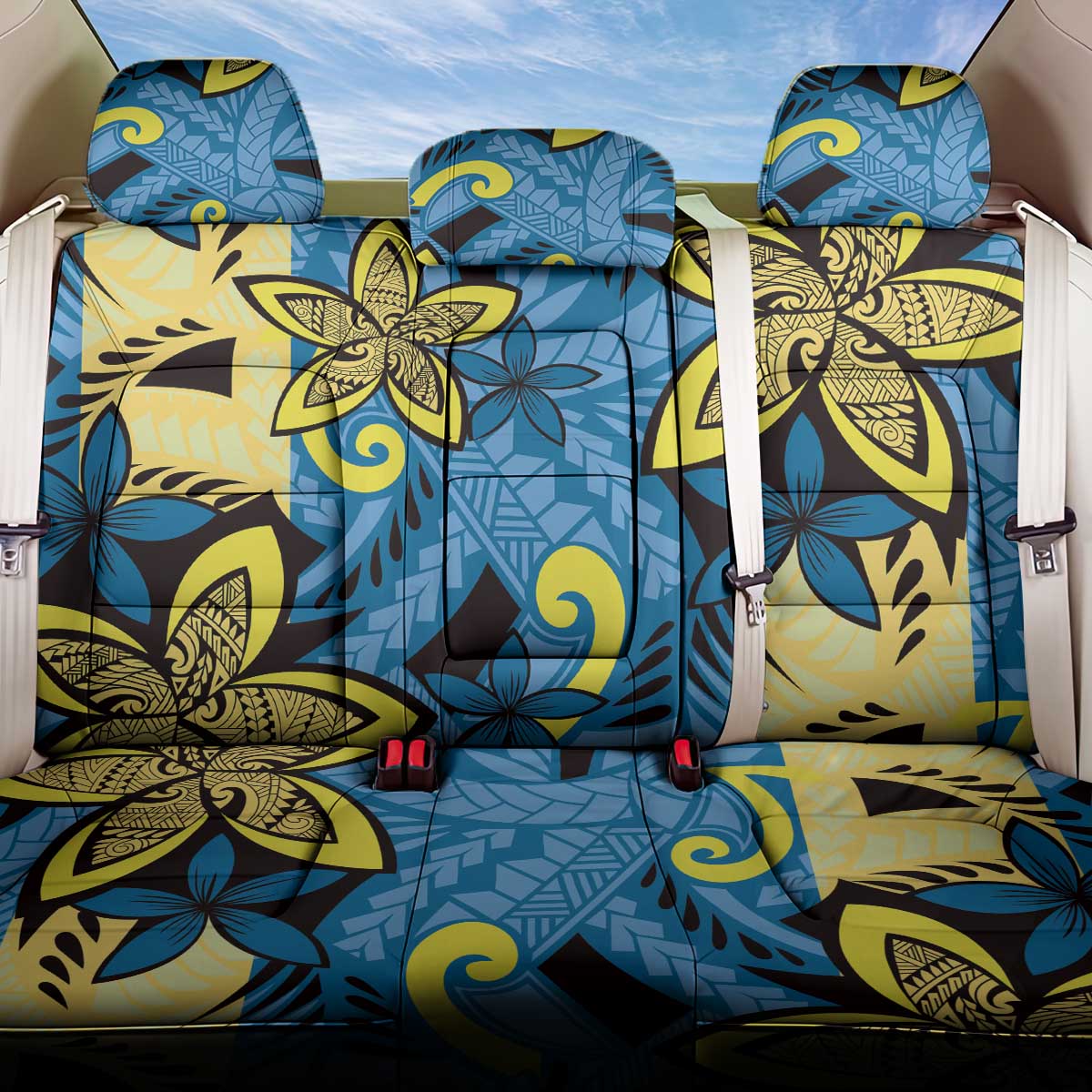 Plumeria Polynesian Pattern Back Car Seat Cover Unique Fantasy Blue Yellow LT01 One Size Blue - Polynesian Pride