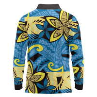 Plumeria Polynesian Pattern Long Sleeve Polo Shirt Unique Fantasy Blue Yellow LT01 - Polynesian Pride