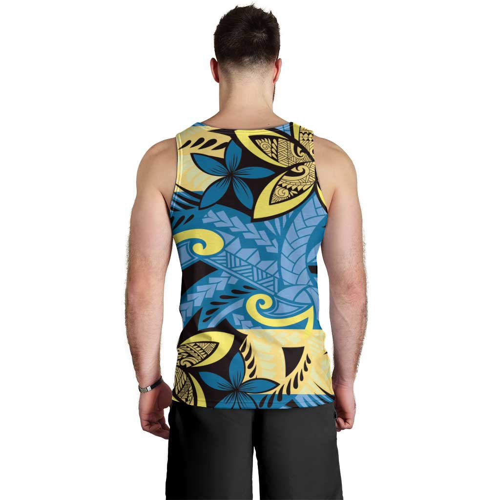 Plumeria Polynesian Pattern Men Tank Top Unique Fantasy Blue Yellow LT01 - Polynesian Pride