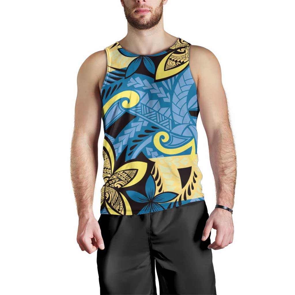 Plumeria Polynesian Pattern Men Tank Top Unique Fantasy Blue Yellow LT01 - Polynesian Pride