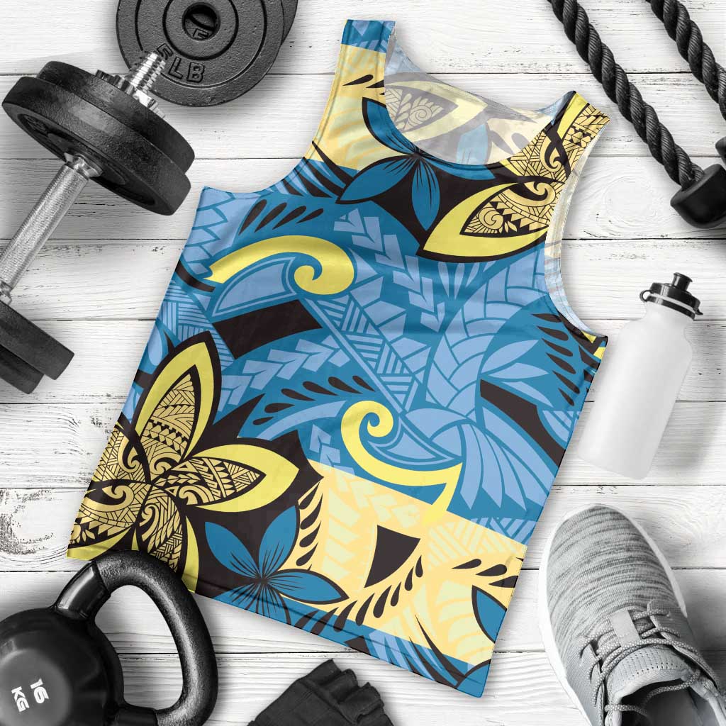 Plumeria Polynesian Pattern Men Tank Top Unique Fantasy Blue Yellow LT01 - Polynesian Pride