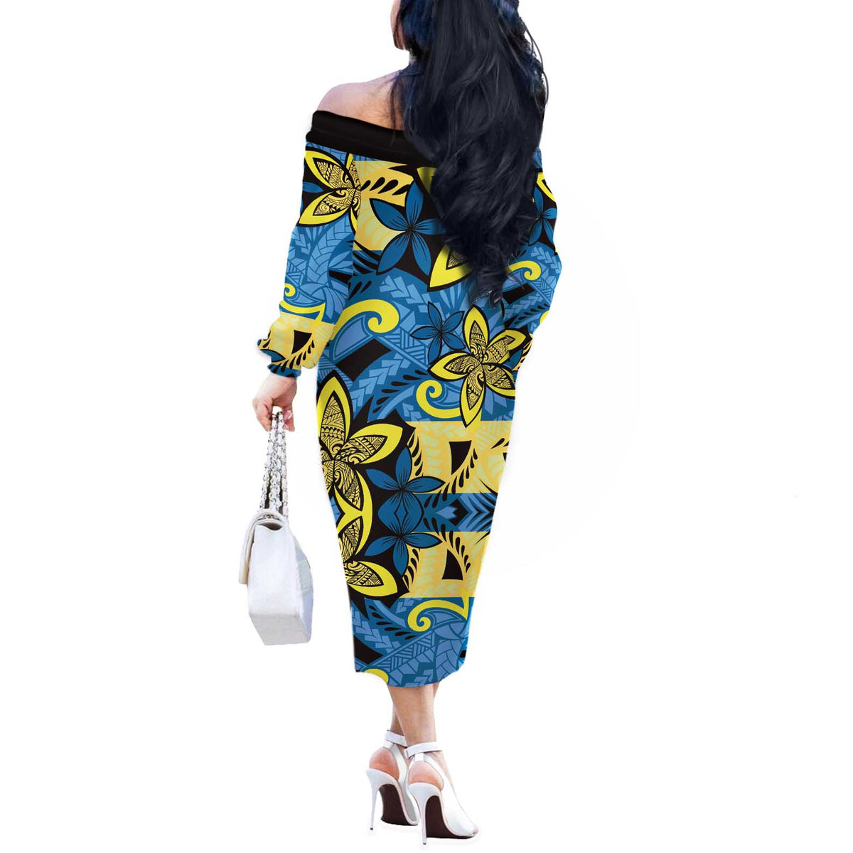 Plumeria Polynesian Pattern Off The Shoulder Long Sleeve Dress Unique Fantasy Blue Yellow LT01 - Polynesian Pride