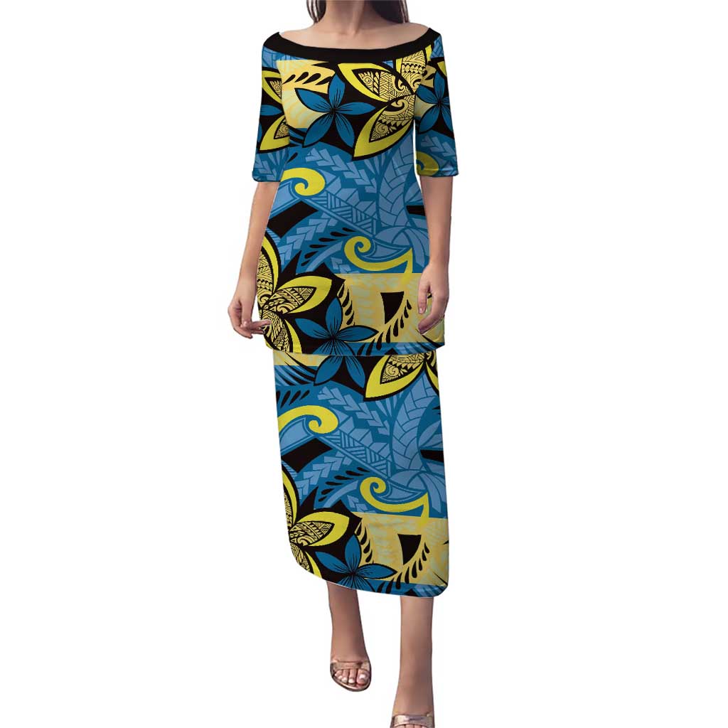 Plumeria Polynesian Pattern Puletasi Unique Fantasy Blue Yellow LT01 Long Dress Blue - Polynesian Pride