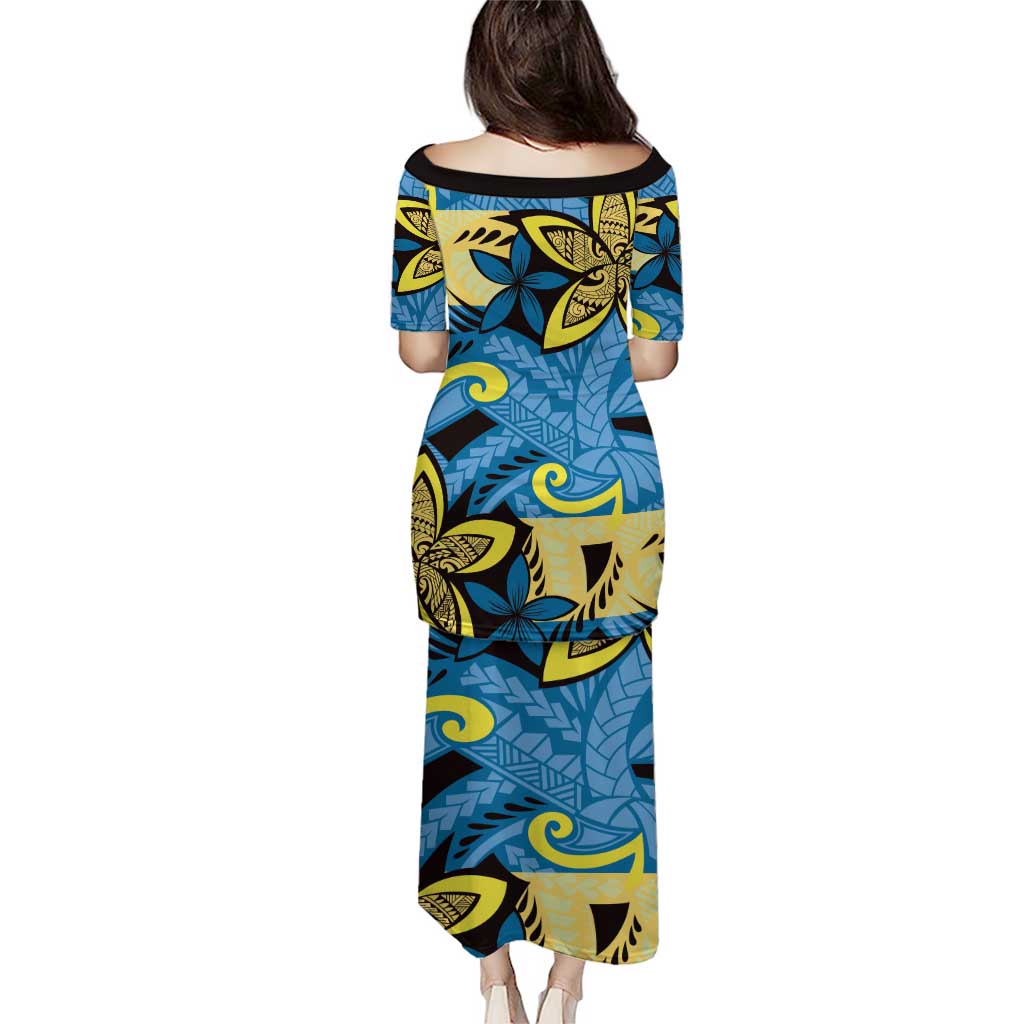 Plumeria Polynesian Pattern Puletasi Unique Fantasy Blue Yellow LT01 - Polynesian Pride