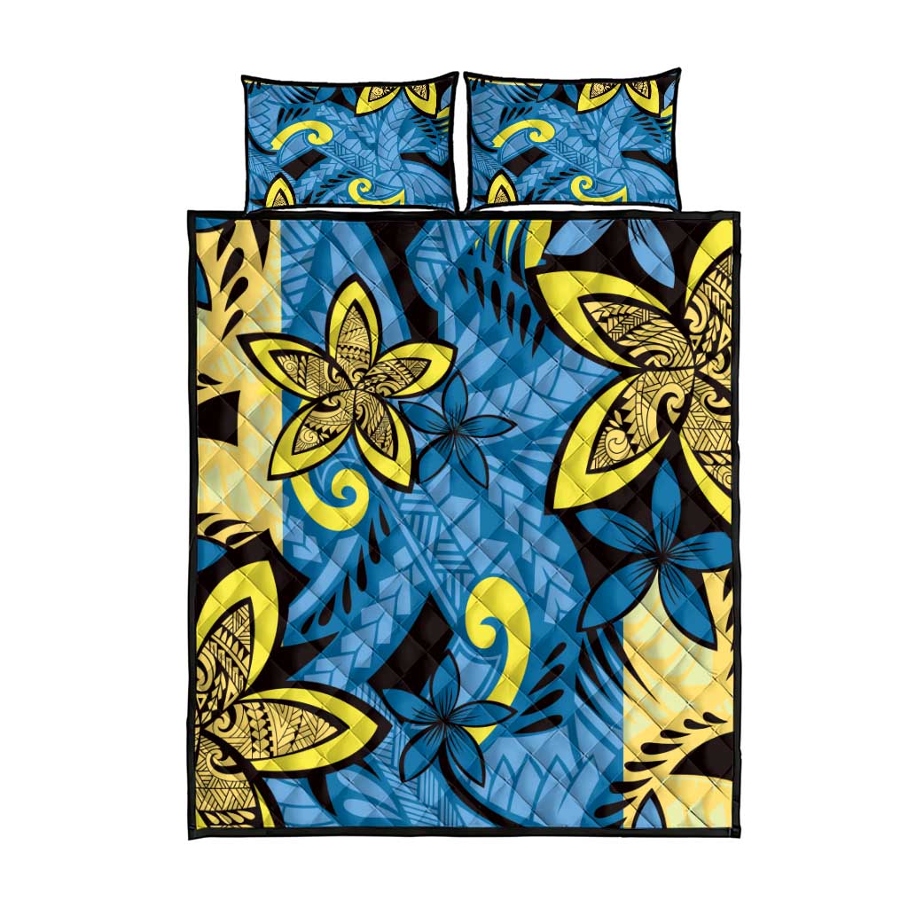 Plumeria Polynesian Pattern Quilt Bed Set Unique Fantasy Blue Yellow LT01 - Polynesian Pride