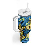 Plumeria Polynesian Pattern Tumbler With Handle Unique Fantasy Blue Yellow LT01 - Polynesian Pride