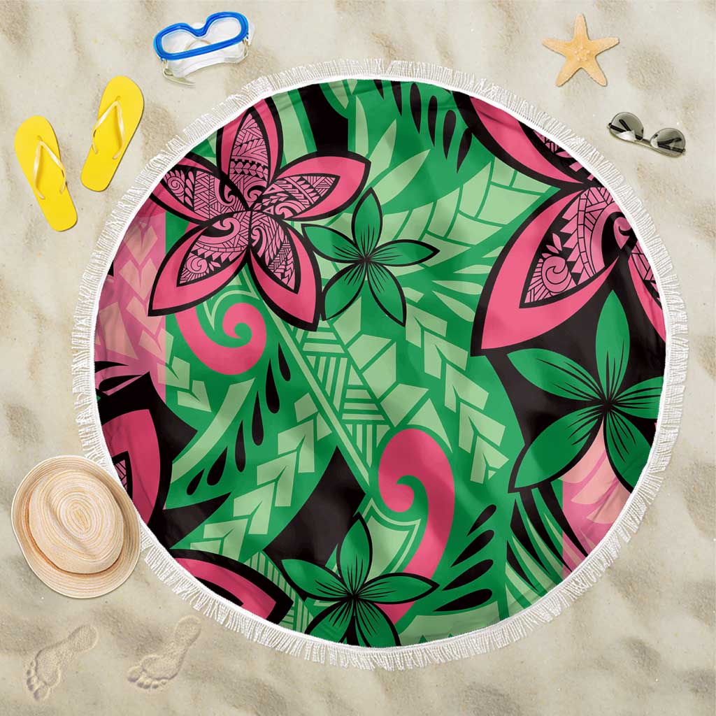 Plumeria Polynesian Pattern Beach Blanket Unique Fantasy Green Pink LT01 One Size 150cm Green - Polynesian Pride