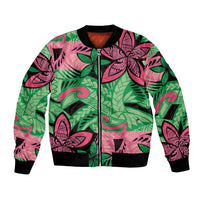Plumeria Polynesian Pattern Bomber Jacket Unique Fantasy Green Pink LT01 Unisex Green - Polynesian Pride