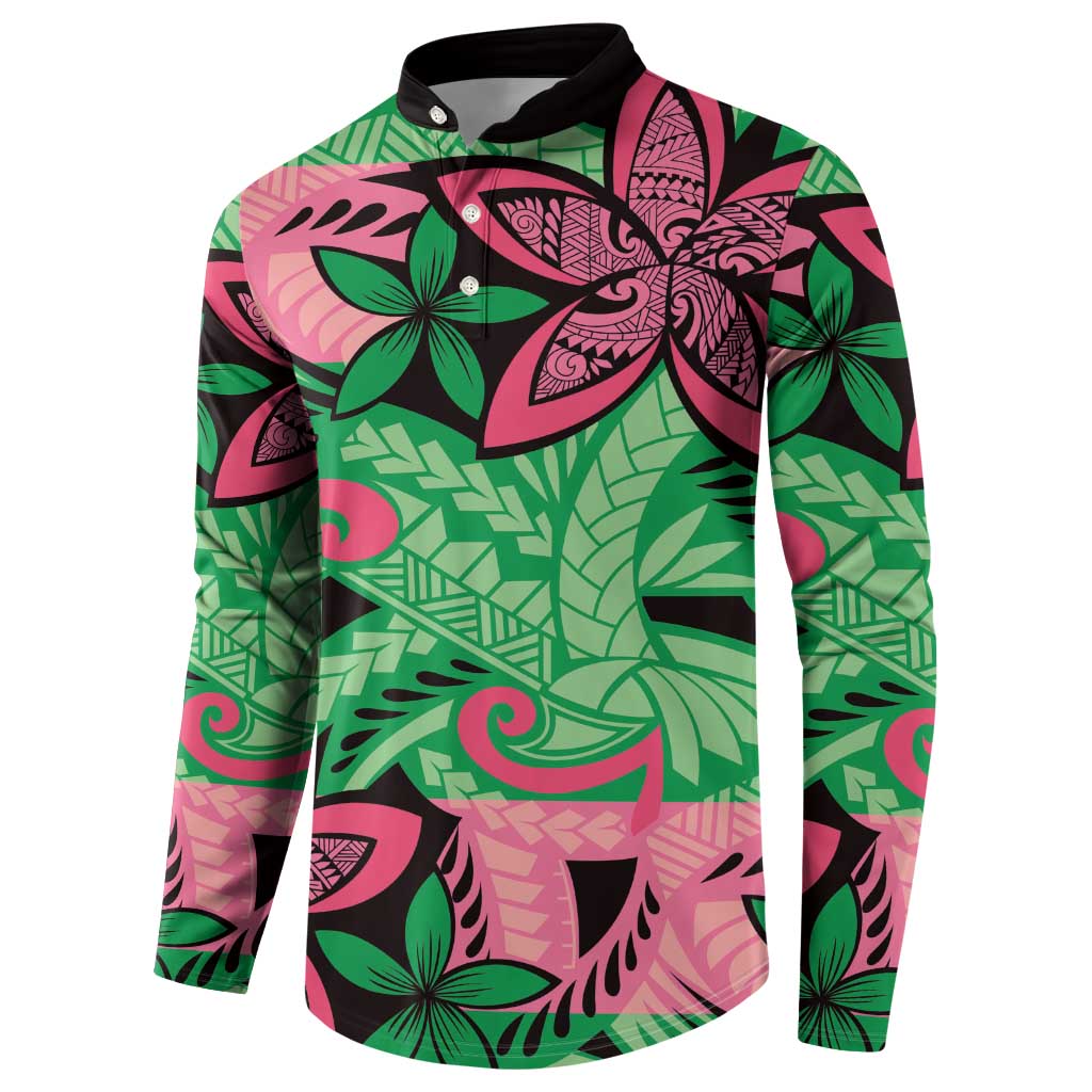 Plumeria Polynesian Pattern Button Sweatshirt Unique Fantasy Green Pink LT01 - Polynesian Pride