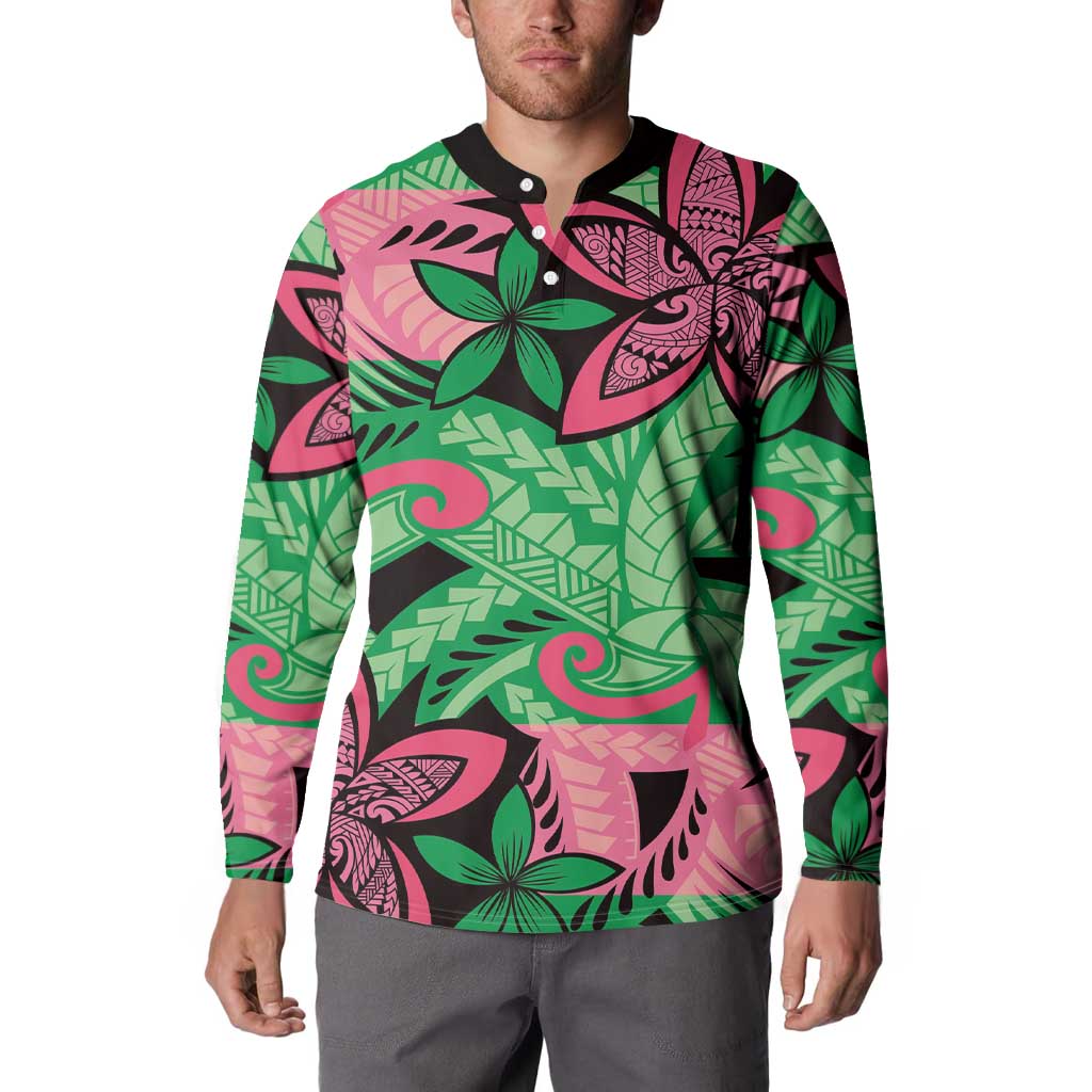 Plumeria Polynesian Pattern Button Sweatshirt Unique Fantasy Green Pink LT01 - Polynesian Pride
