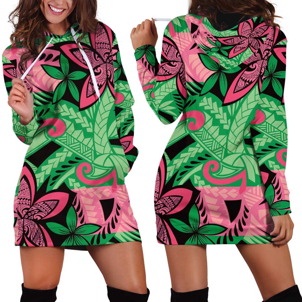 Plumeria Polynesian Pattern Hoodie Dress Unique Fantasy Green Pink LT01 - Polynesian Pride