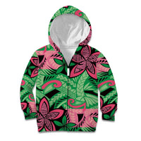 Plumeria Polynesian Pattern Kid Hoodie Unique Fantasy Green Pink LT01 Zip Hoodie Green - Polynesian Pride