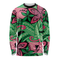 Plumeria Polynesian Pattern Long Sleeve Shirt Unique Fantasy Green Pink LT01 Unisex Green - Polynesian Pride