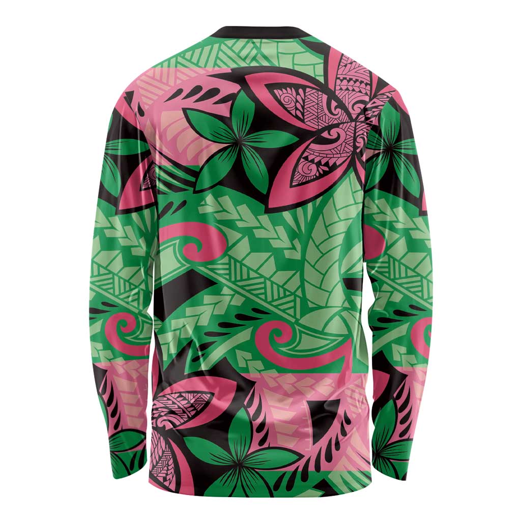 Plumeria Polynesian Pattern Long Sleeve Shirt Unique Fantasy Green Pink LT01 - Polynesian Pride