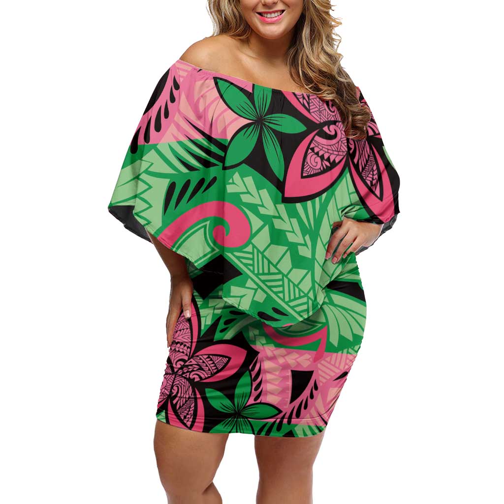 Plumeria Polynesian Pattern Off Shoulder Short Dress Unique Fantasy Green Pink LT01 Women Green - Polynesian Pride