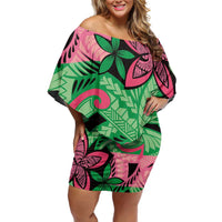 Plumeria Polynesian Pattern Off Shoulder Short Dress Unique Fantasy Green Pink LT01 Women Green - Polynesian Pride