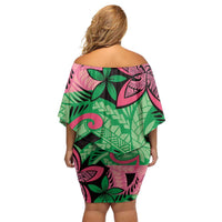 Plumeria Polynesian Pattern Off Shoulder Short Dress Unique Fantasy Green Pink LT01 - Polynesian Pride
