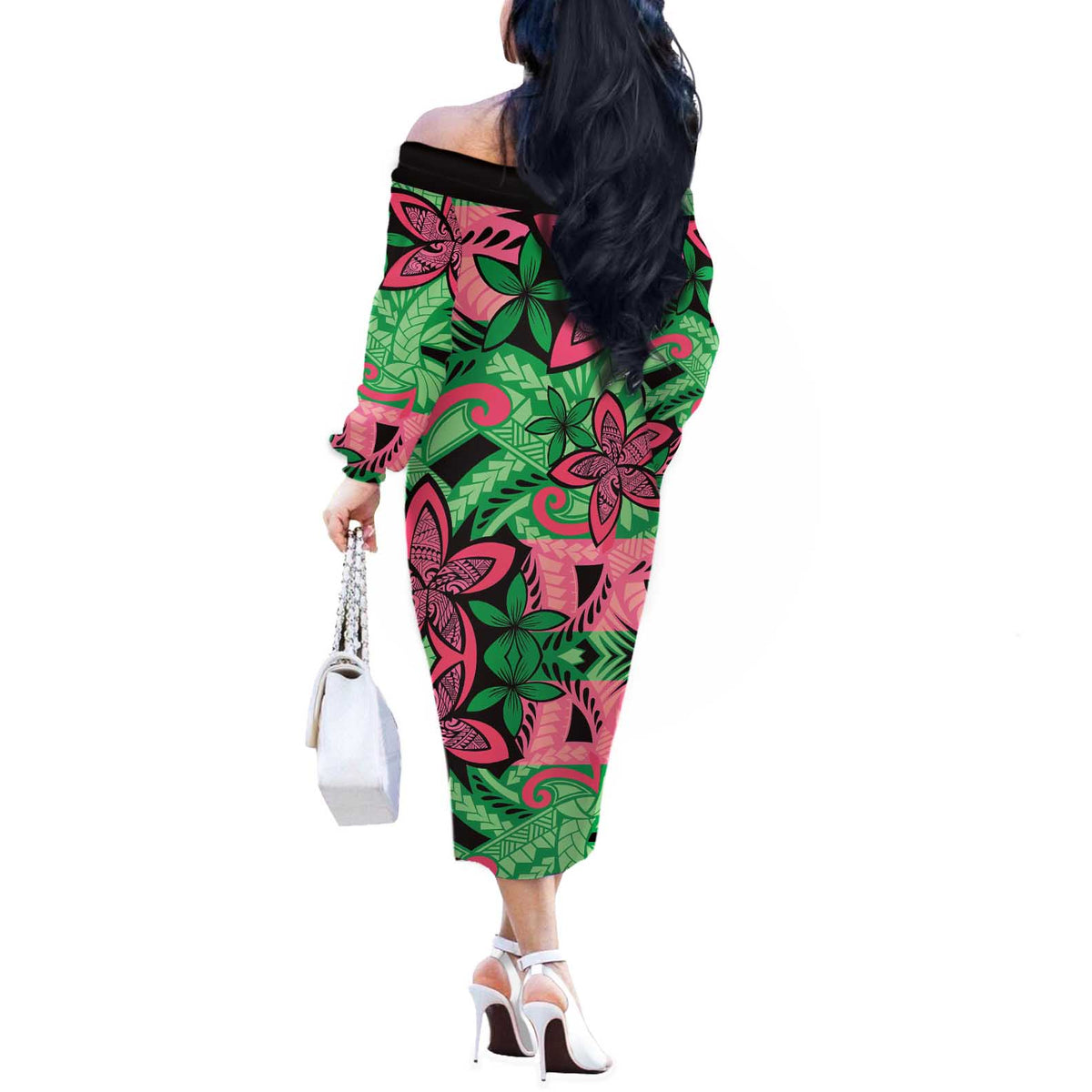Plumeria Polynesian Pattern Off The Shoulder Long Sleeve Dress Unique Fantasy Green Pink LT01 - Polynesian Pride