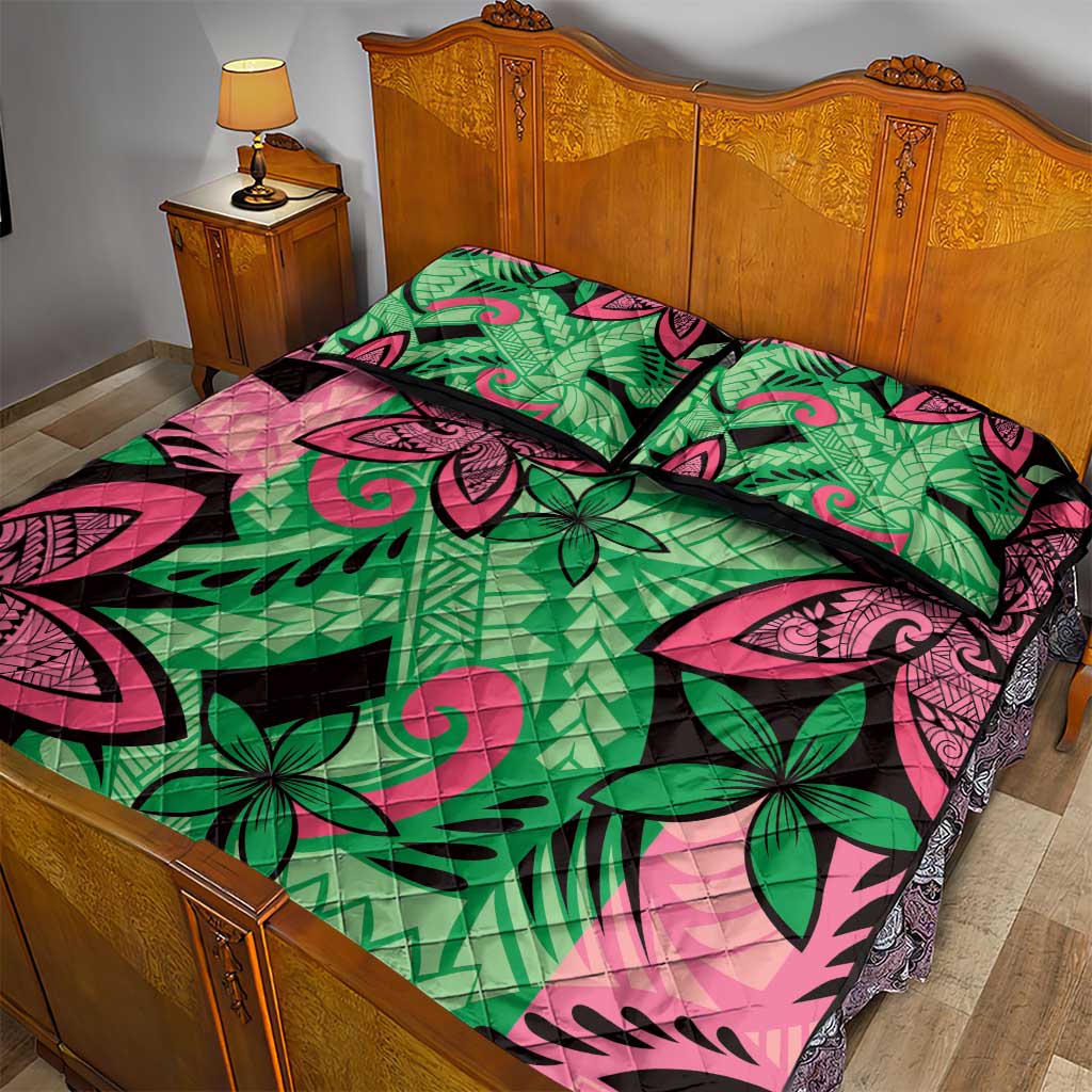 Plumeria Polynesian Pattern Quilt Bed Set Unique Fantasy Green Pink LT01 - Polynesian Pride