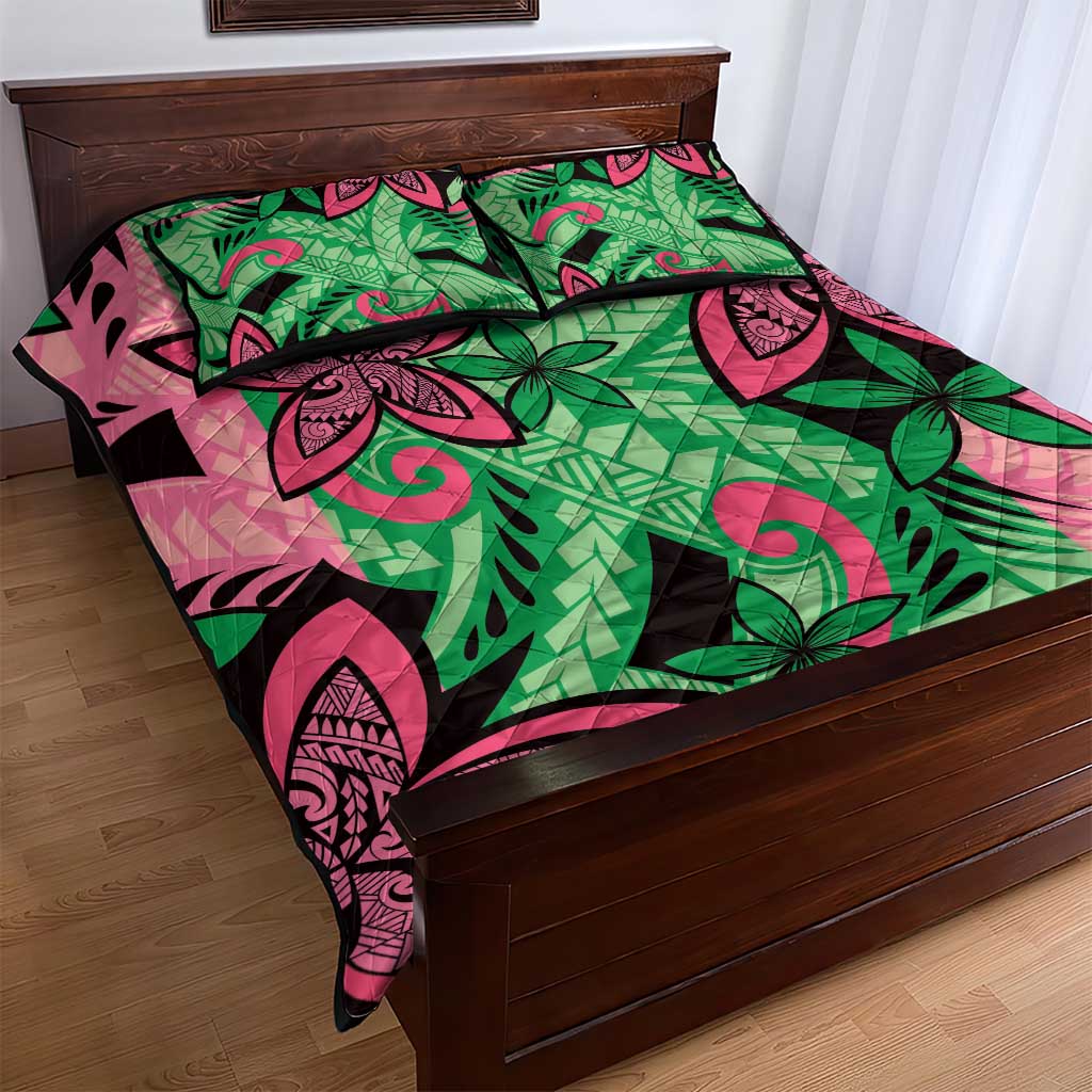 Plumeria Polynesian Pattern Quilt Bed Set Unique Fantasy Green Pink LT01 - Polynesian Pride