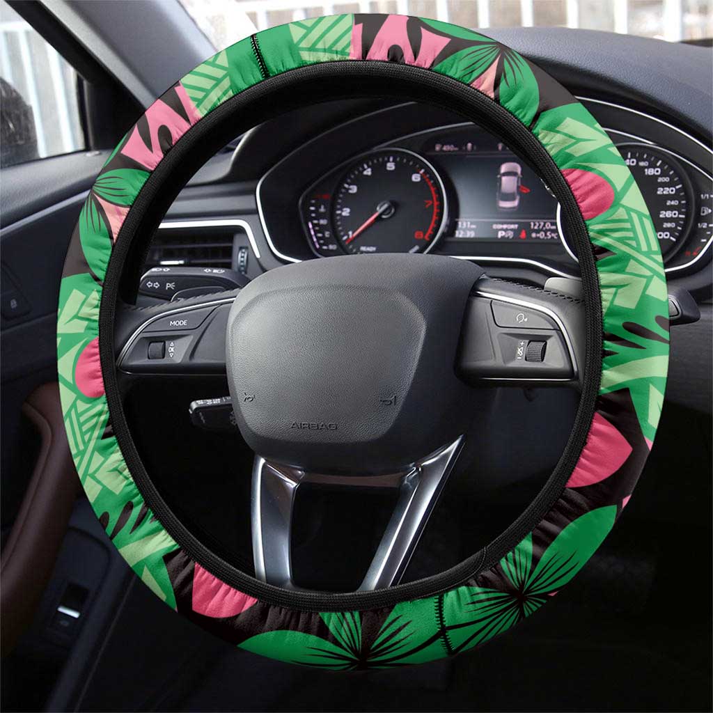 Plumeria Polynesian Pattern Steering Wheel Cover Unique Fantasy Green Pink LT01 - Polynesian Pride