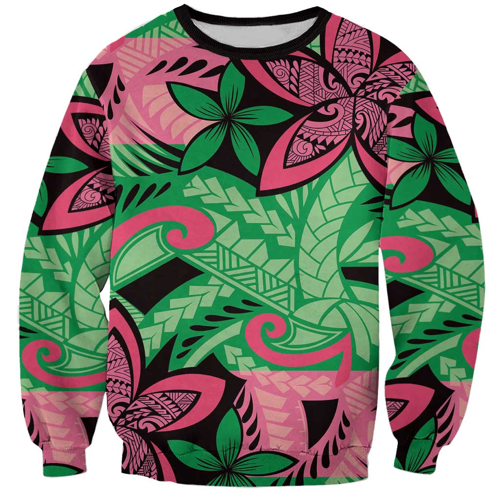 Plumeria Polynesian Pattern Sweatshirt Unique Fantasy Green Pink LT01 Unisex Green - Polynesian Pride