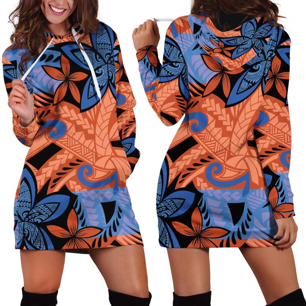 Plumeria Polynesian Pattern Hoodie Dress Unique Fantasy Orange Blue LT01 - Polynesian Pride