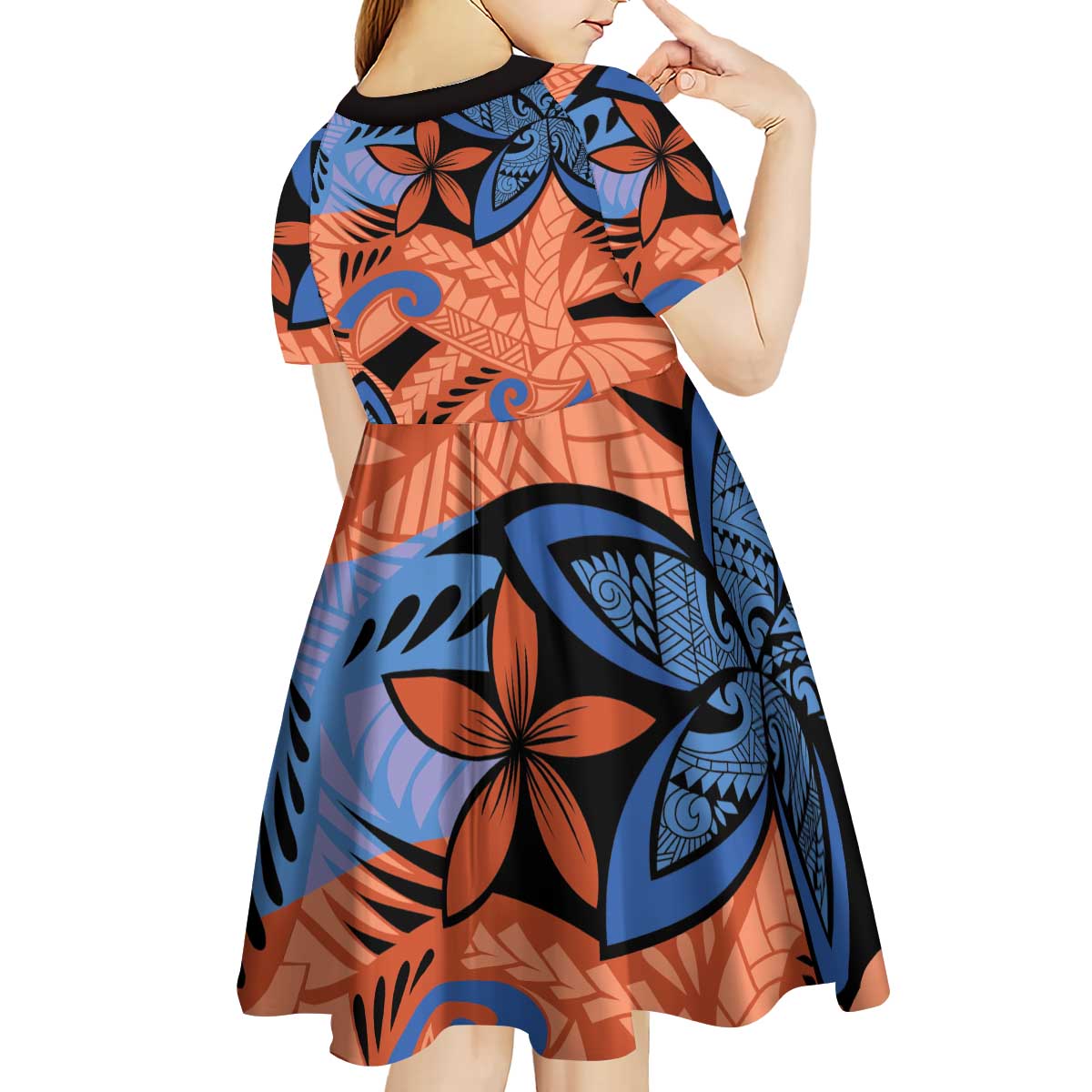 Plumeria Polynesian Pattern Kid Short Sleeve Dress Unique Fantasy Orange Blue LT01 - Polynesian Pride